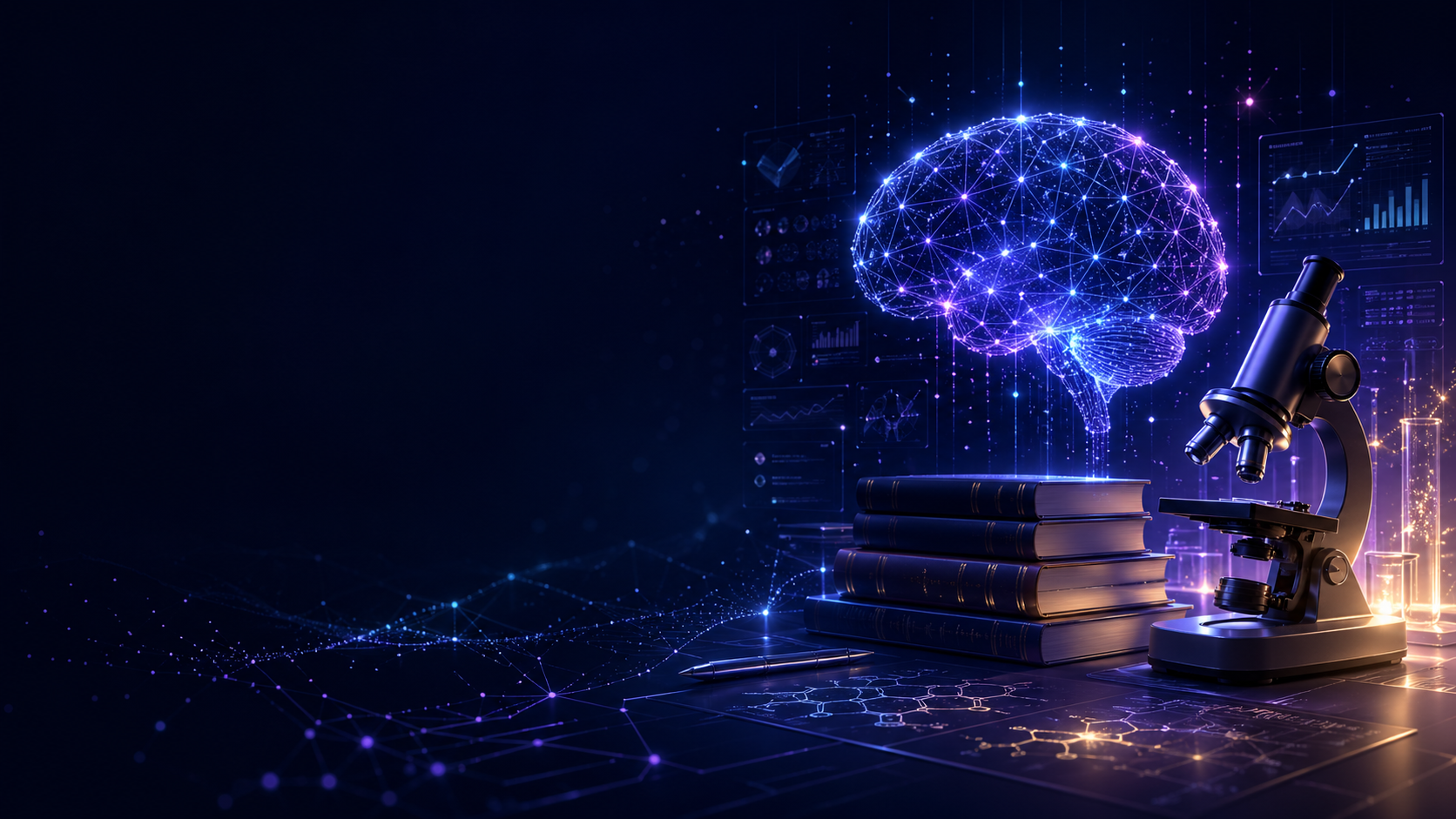 Illustration representing research, publications, artificial intelligence, biomedical image processing, and scientific discovery